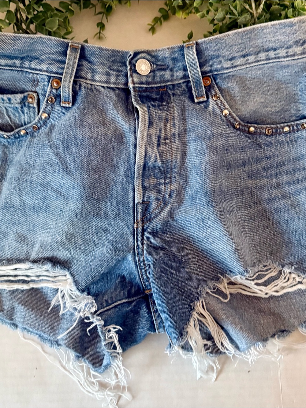 Levi's Light Blue Distressed Denim Shorts with Stud Accents